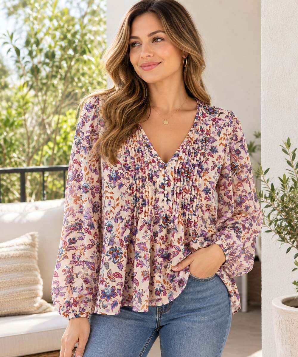 LT27 Size L 1 State Floral Pintuck V Neck Blouse Boho Peasant Top
